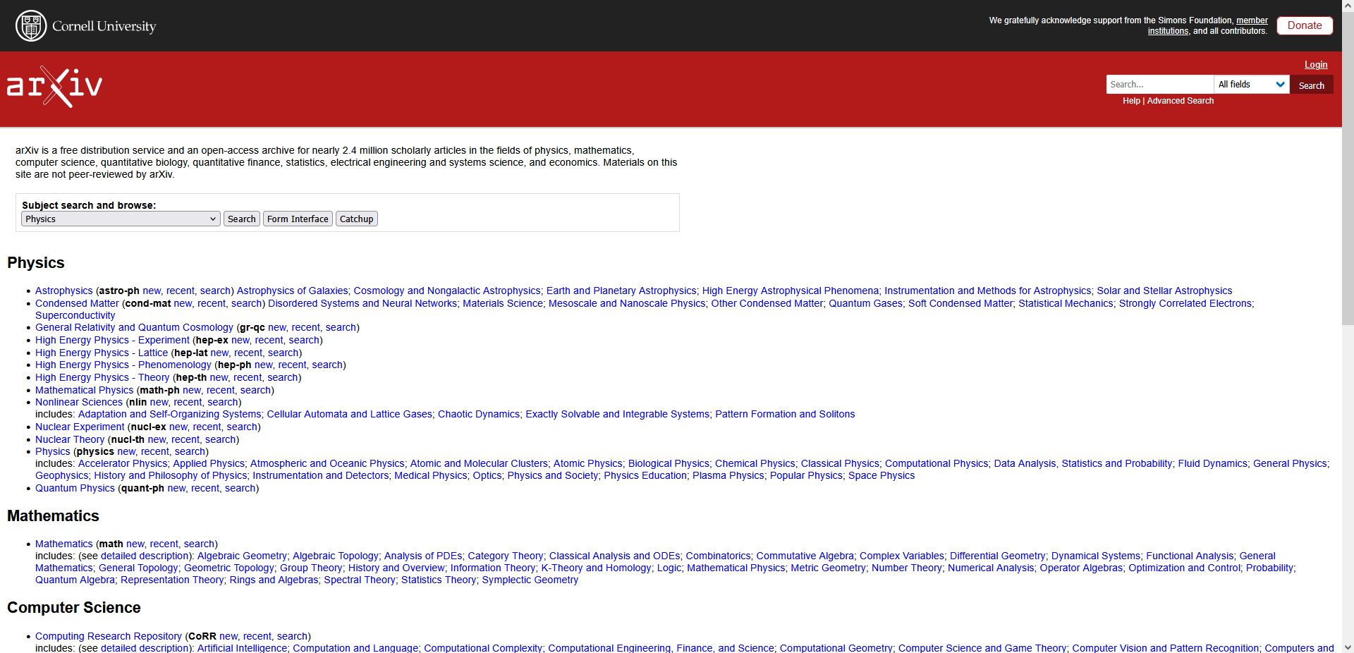 ArXiv home page screenshot