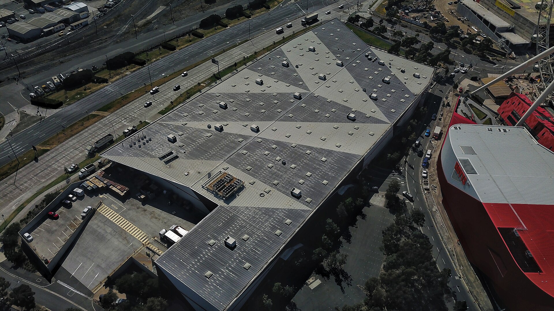 Aerial perspective of the Costco roof at the Docklands. March 2019