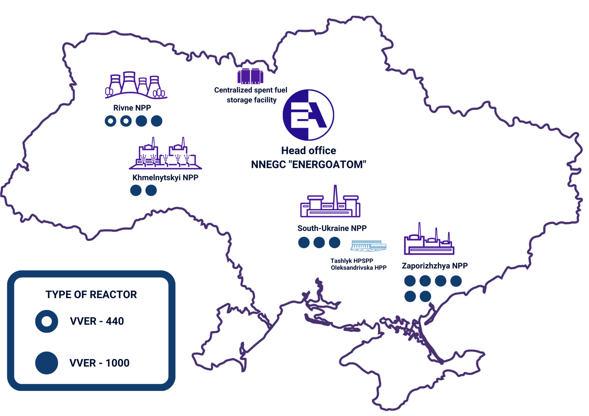 Schematic map of the location of Ukraine's nuclear power plants