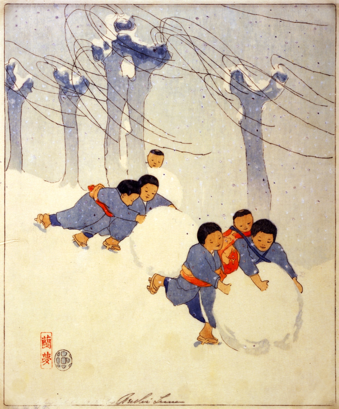 雪玉を転がす子どもたち(バーサ・ラムの木版画)